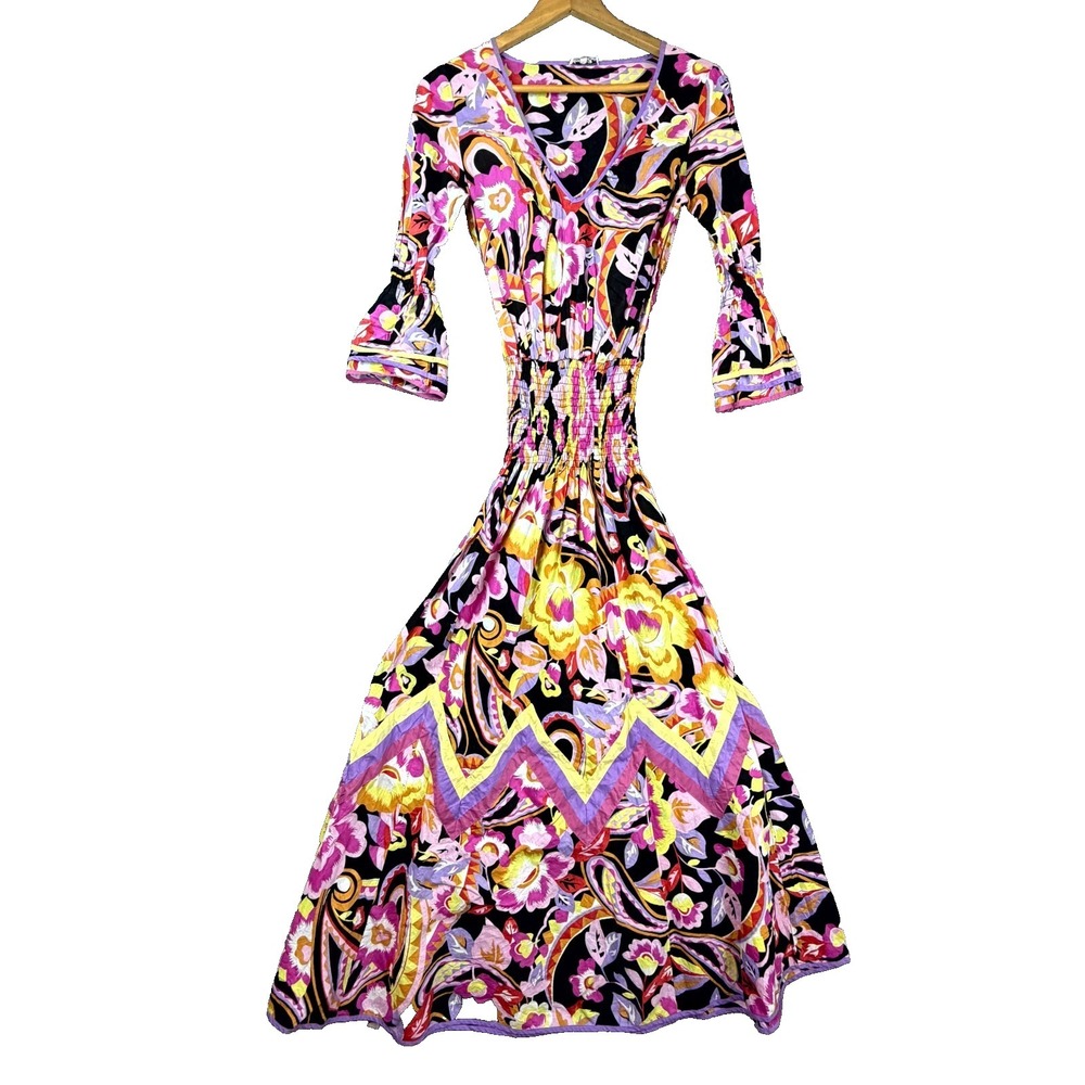 American Retro Boho‎ Maxi Dress Women 40 Pink Floral Maximalist Dopamine Bold